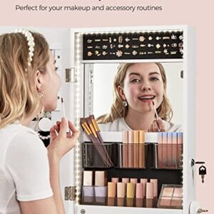 SONGMICS Mirror Jewelry Cabinet Standing Armoire Organizer, Jewelry Storage with Full-Length Frameless LED Lights, Built-in Makeup Mirror, 2 Drawers, Lockable, White UJJC023W01