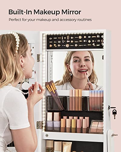 SONGMICS Mirror Jewelry Cabinet Standing Armoire Organizer, Jewelry Storage with Full-Length Frameless LED Lights, Built-in Makeup Mirror, 2 Drawers, Lockable, White UJJC023W01