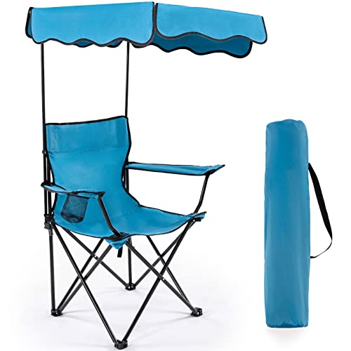 rotinyard Folding Camping Chair with Canopy Shade for Adults, Portable Beach Chairs with Umbrella Support 330 lbs, Heavy Duty Lawn Chair with Cup Holder for Outdoor Fishing Picnic Garden Sports Patio