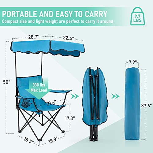 rotinyard Folding Camping Chair with Canopy Shade for Adults, Portable Beach Chairs with Umbrella Support 330 lbs, Heavy Duty Lawn Chair with Cup Holder for Outdoor Fishing Picnic Garden Sports Patio