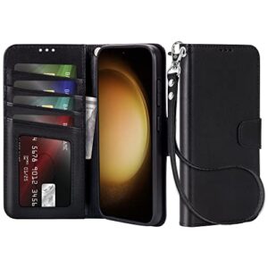 lugege compatible with samsung galaxy s23 5g case wallet flip folio case [kickstand] with rfid blocking card holders [shockproof] and wrist strap phone cover black