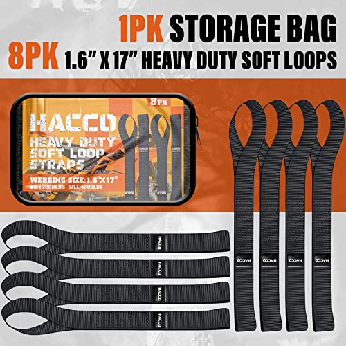 Haccoplanet 8PK Soft Loop Motorcycle Tie-Down Straps, 1.6 x 17inch 10000LB Break Strength, Heavy Duty Tie Down Loops for Securing ATV, UTV, Dirt Bike, Lawn & Garden Equipment (Black)