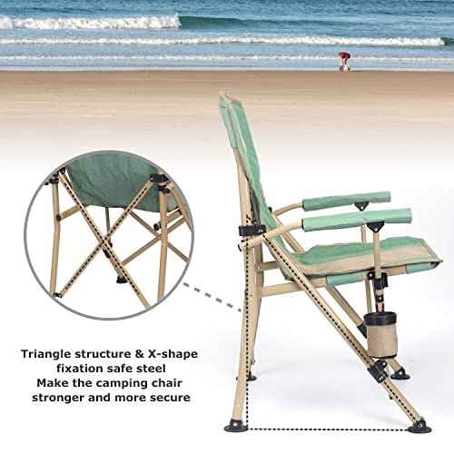 XGEAR Camping Chair with Padded Hard Armrest, Sturdy Folding Camp Chair with Cup Holder, Storage Pockets Carry Bag Included, Support to 400 lbs (1-Green)