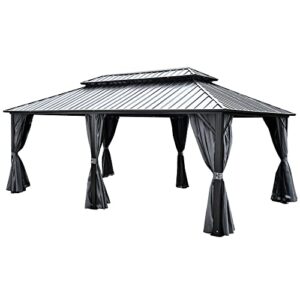 YITAHOME 12x20ft Hardtop Gazebo with Nettings and Curtains, Heavy Duty Double Roof Galvanized Steel Outdoor Combined of Vertical Stripes Roof for Patio, Backyard, Deck, Lawns, Gray