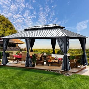 yitahome 12x20ft hardtop gazebo with nettings and curtains, heavy duty double roof galvanized steel outdoor combined of vertical stripes roof for patio, backyard, deck, lawns, gray