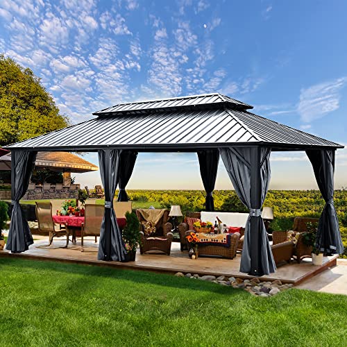 YITAHOME 12x20ft Hardtop Gazebo with Nettings and Curtains, Heavy Duty Double Roof Galvanized Steel Outdoor Combined of Vertical Stripes Roof for Patio, Backyard, Deck, Lawns, Gray