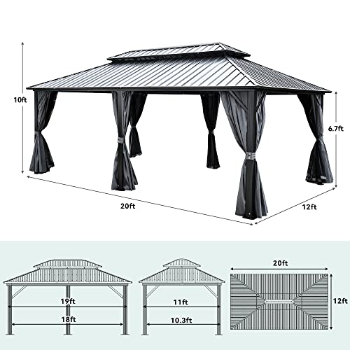 YITAHOME 12x20ft Hardtop Gazebo with Nettings and Curtains, Heavy Duty Double Roof Galvanized Steel Outdoor Combined of Vertical Stripes Roof for Patio, Backyard, Deck, Lawns, Gray