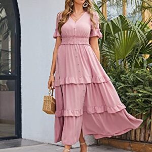 Amegoya Women's V Neck Summer Boho Maxi Dress Wedding Guest Tiered Ruffle Sleeve Long Flowy Dresses (Pink XL)