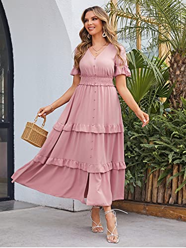 Amegoya Women's V Neck Summer Boho Maxi Dress Wedding Guest Tiered Ruffle Sleeve Long Flowy Dresses (Pink XL)