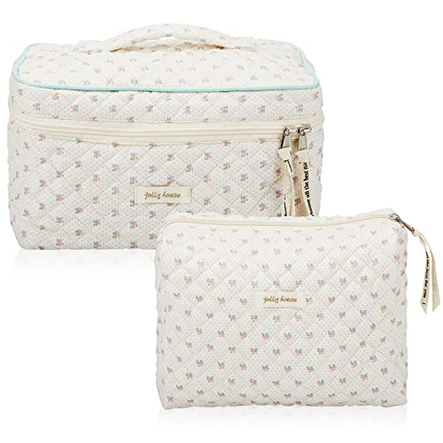 Zeyune 2 Pcs Cotton Quilted Makeup Bag Large Travel Coquette Aesthetic Cute Floral Makeup Bag for Women Girls, Beige