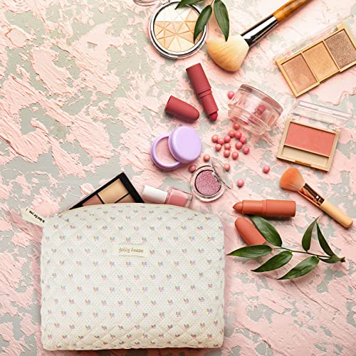 Zeyune 2 Pcs Cotton Quilted Makeup Bag Large Travel Coquette Aesthetic Cute Floral Makeup Bag for Women Girls, Beige