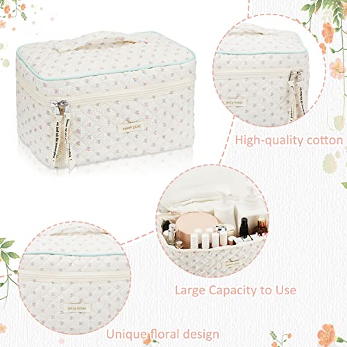 Zeyune 2 Pcs Cotton Quilted Makeup Bag Large Travel Coquette Aesthetic Cute Floral Makeup Bag for Women Girls, Beige