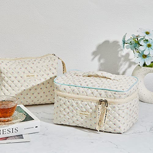 Zeyune 2 Pcs Cotton Quilted Makeup Bag Large Travel Coquette Aesthetic Cute Floral Makeup Bag for Women Girls, Beige