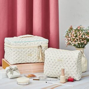 Zeyune 2 Pcs Cotton Quilted Makeup Bag Large Travel Coquette Aesthetic Cute Floral Makeup Bag for Women Girls, Beige