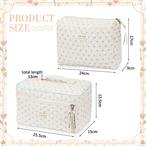 Zeyune 2 Pcs Cotton Quilted Makeup Bag Large Travel Coquette Aesthetic Cute Floral Makeup Bag for Women Girls, Beige