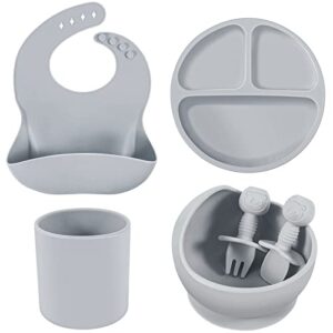 6 pack silicone baby feeding set baby led weaning supplies with suction bowl divided plates bib tiny cup baby dishes with spoon fork, toddler infant self feeding eating utensils set(gray)