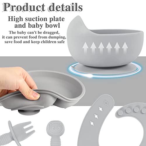 6 Pack Silicone Baby Feeding Set Baby Led Weaning Supplies with Suction Bowl Divided Plates Bib Tiny Cup Baby Dishes with Spoon Fork, Toddler Infant Self Feeding Eating Utensils Set(Gray)