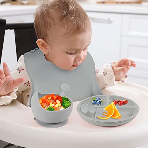 6 Pack Silicone Baby Feeding Set Baby Led Weaning Supplies with Suction Bowl Divided Plates Bib Tiny Cup Baby Dishes with Spoon Fork, Toddler Infant Self Feeding Eating Utensils Set(Gray)