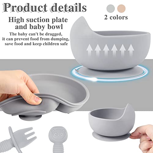 8 Pack Silicone Baby Feeding Set 2 Pack Divided Suction Plate 2 Pack Suction Bowl with 2 Forks 2 Spoons, Baby Led Weaning Supplies Baby Dishes Set Infant Self Feeding Eating Utensils
