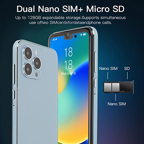 I14pro Cellphone, 6.1in 1440X3200 HD Screen, 4GB RAM 32GB ROM, 6800mAh Battery, with Face Recognition Function, 16MP Rear 8MP Front, Unlocked Smartphone for Android 11.0(USA)