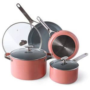greater goods party of four cook kit - 10 piece nonstick cookware set for a complete kitchen | non toxic, teflon free pots and pans work on all cooking surfaces, even induction (coral pink)