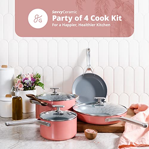 Greater Goods Party of Four Cook Kit - 10 Piece Nonstick Cookware Set for a Complete Kitchen | Non Toxic, Teflon Free Pots and Pans Work on All Cooking Surfaces, Even Induction (Coral Pink)