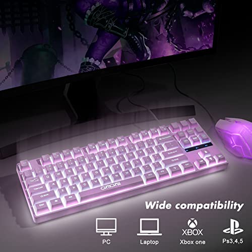 Gaming Keyboard and Mouse Purple Keyboard with White Backlit,CHONCNHOW 87keys LED Keyboard and Mic 3600DPI Wired 19-Keys No Conflict for Windows/Mac/Games（PurpleI，lluminated Key）