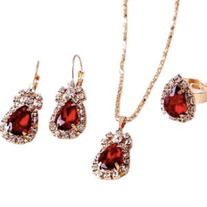 EONLINE Fashion Gemstone Claw Chain Diamond Necklace Earrings Ring Three Piece Jewelry Sets (Red Gemstone)