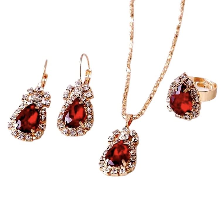 EONLINE Fashion Gemstone Claw Chain Diamond Necklace Earrings Ring Three Piece Jewelry Sets (Red Gemstone)