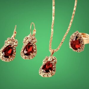 EONLINE Fashion Gemstone Claw Chain Diamond Necklace Earrings Ring Three Piece Jewelry Sets (Red Gemstone)