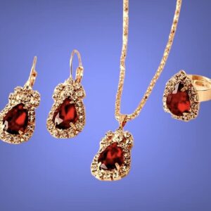 EONLINE Fashion Gemstone Claw Chain Diamond Necklace Earrings Ring Three Piece Jewelry Sets (Red Gemstone)