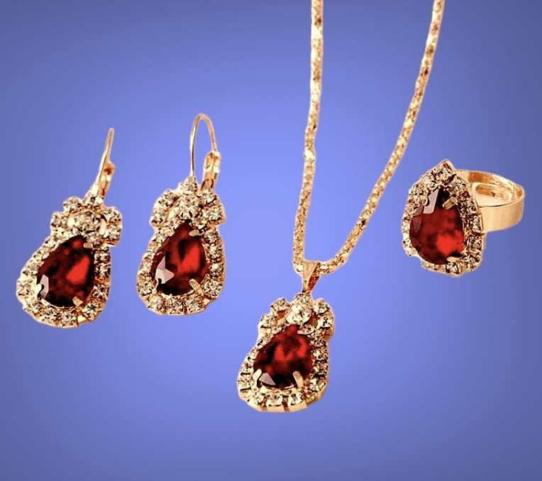 EONLINE Fashion Gemstone Claw Chain Diamond Necklace Earrings Ring Three Piece Jewelry Sets (Red Gemstone)