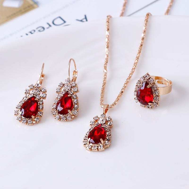 EONLINE Fashion Gemstone Claw Chain Diamond Necklace Earrings Ring Three Piece Jewelry Sets (Red Gemstone)