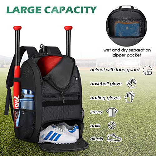 Baseball Bag Baseball Backpack with Shoe Compartment Lightweight Softball Bat Bag with Fence Hook Softball Backpacks for Girls Boys and Adult, T-Ball & Softball Equipment & Gear,Batting Glove, Helmet