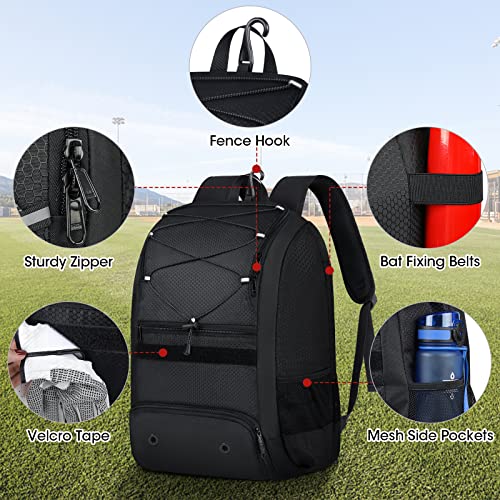 Baseball Bag Baseball Backpack with Shoe Compartment Lightweight Softball Bat Bag with Fence Hook Softball Backpacks for Girls Boys and Adult, T-Ball & Softball Equipment & Gear,Batting Glove, Helmet