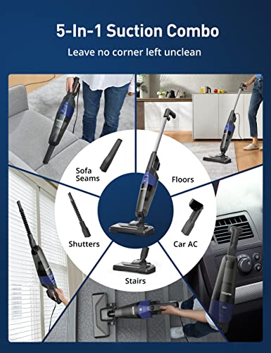 Aspiron Stick Vacuum Cleaner, Small Vacuum Cleaner with 20kPa Powerful Suction & 0.88QT Dust Cup and 32ft Power Cord, 5-in-1 Handheld Lightweight Bagless Vacuum Cleaner Carpet and Floor for Pet