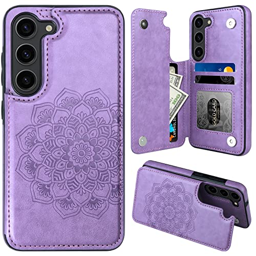 MMHUO for Samsung Galaxy S23 Case with Card Holder,Flower Magnetic Back Flip Case for Samsung Galaxy S23 Wallet Case for Women,Protective Case Phone Case for Samsung Galaxy S23 5G (2023),Purple