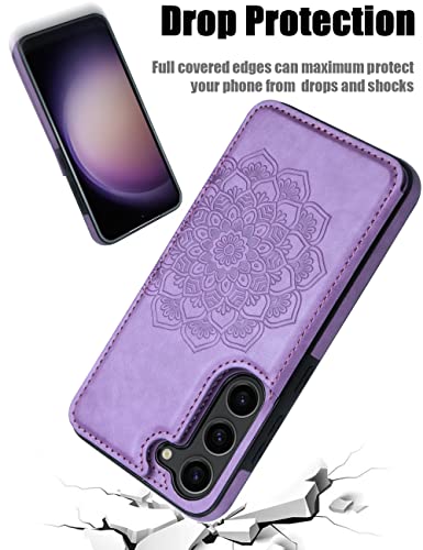 MMHUO for Samsung Galaxy S23 Case with Card Holder,Flower Magnetic Back Flip Case for Samsung Galaxy S23 Wallet Case for Women,Protective Case Phone Case for Samsung Galaxy S23 5G (2023),Purple