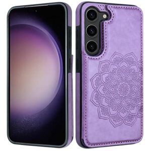 MMHUO for Samsung Galaxy S23 Case with Card Holder,Flower Magnetic Back Flip Case for Samsung Galaxy S23 Wallet Case for Women,Protective Case Phone Case for Samsung Galaxy S23 5G (2023),Purple