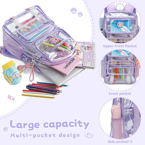 Maod Clear Backpack for Girls Cute Transparent See ThroughHeavy Duty Kid School Book Bags with Reinforced Padded Straps and Complimentary Gift (Purple, Small)