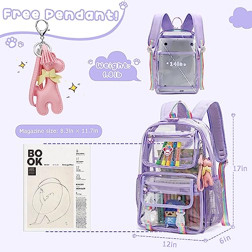 Maod Clear Backpack for Girls Cute Transparent See ThroughHeavy Duty Kid School Book Bags with Reinforced Padded Straps and Complimentary Gift (Purple, Small)