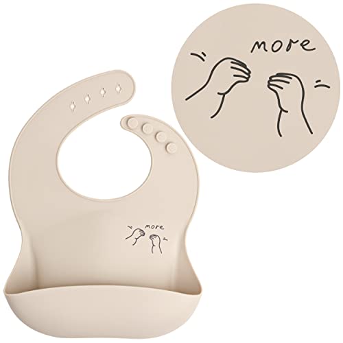 APLAINR Baby Sign Language Bib | Silicone Bibs for Babies & Toddlers | Adjustable Fit Waterproof Bibs (More Sign - Cream)