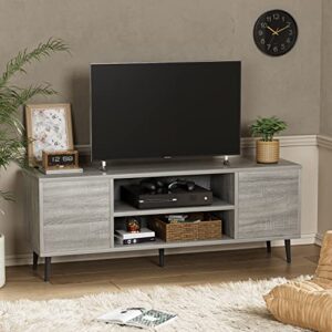 yeshomy modern retro tv stand for televisions up to 65", entertainment center with two storage cabinet and shelf, media console for living room, bedroom, enterway, office, 58 inch, gray