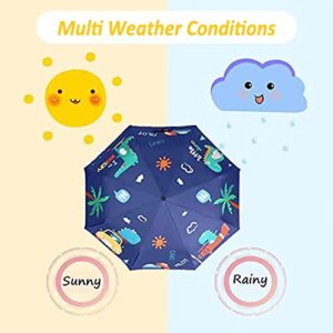 Hannstar kids Folding Travel Umbrella, Strong and Portable - Wind Resistant, Anti-UV Compact Durable Cute Umbrella, Auto Open/Close, Lightweight Backpack Cartoon Umbrella for girls & boys (Dinosaur)