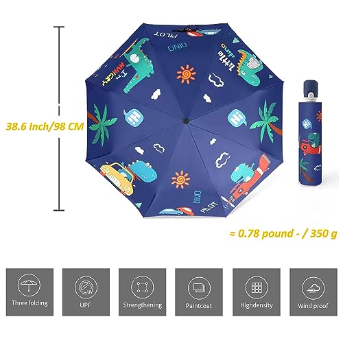 Hannstar kids Folding Travel Umbrella, Strong and Portable - Wind Resistant, Anti-UV Compact Durable Cute Umbrella, Auto Open/Close, Lightweight Backpack Cartoon Umbrella for girls & boys (Dinosaur)