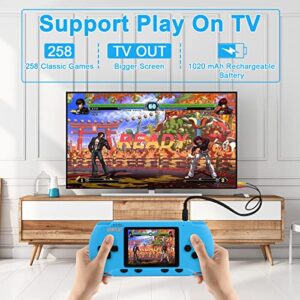 Handheld Game Console for Kids, Video Games Retro Hand Held Games Electronic Gaming Player 3.0'' Screen Built-in 258 Classic Games TV Output Rechargeable Arcade Games-Blue