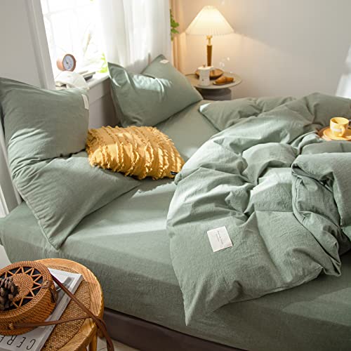 OS OMYSTYLE Sage Green Duvet Cover Queen Size 100% Washed Cotton Linen Like Textured for All Seasons, 3 Pieces Ultra-Soft Solid Color Bedding Set with Zipper Closure, 1Pc Duvet Cover 2Pcs Pillowcases