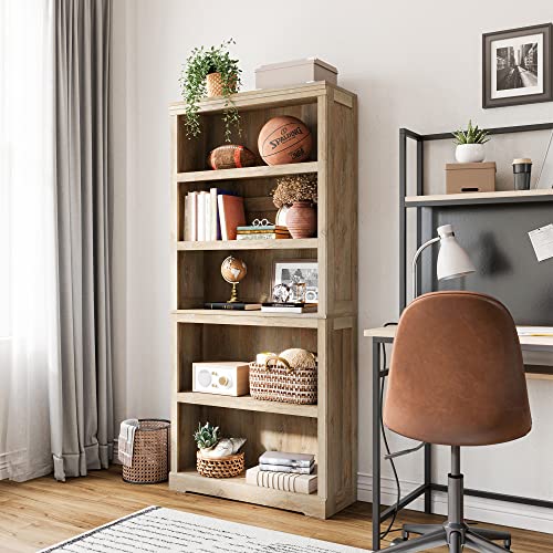 LINSY HOME 5-Shelf Bookcase, Bookshelves Floor Standing Display Storage Shelves 68 in Tall Bookcase Home Decor Furniture for Home Office, Living Room, Bed Room - Light Brown