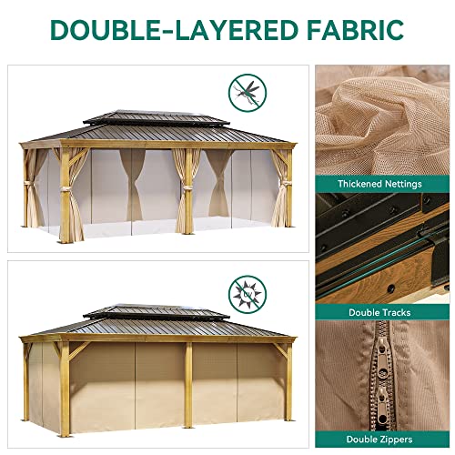 YITAHOME 12x20ft Hardtop Gazebo with Nettings and Curtains, Wood Grain Heavy Duty Double Roof Galvanized Steel Outdoor Combined of Vertical Stripes Roof for Patio, Backyard, Deck, Lawns, Brown