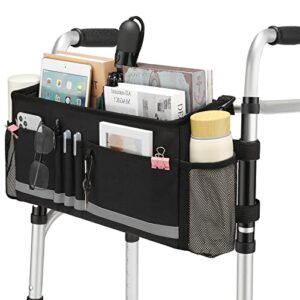 exlifbag walker basket, folding walker bag with cup holder, walker accessories for seniors, black